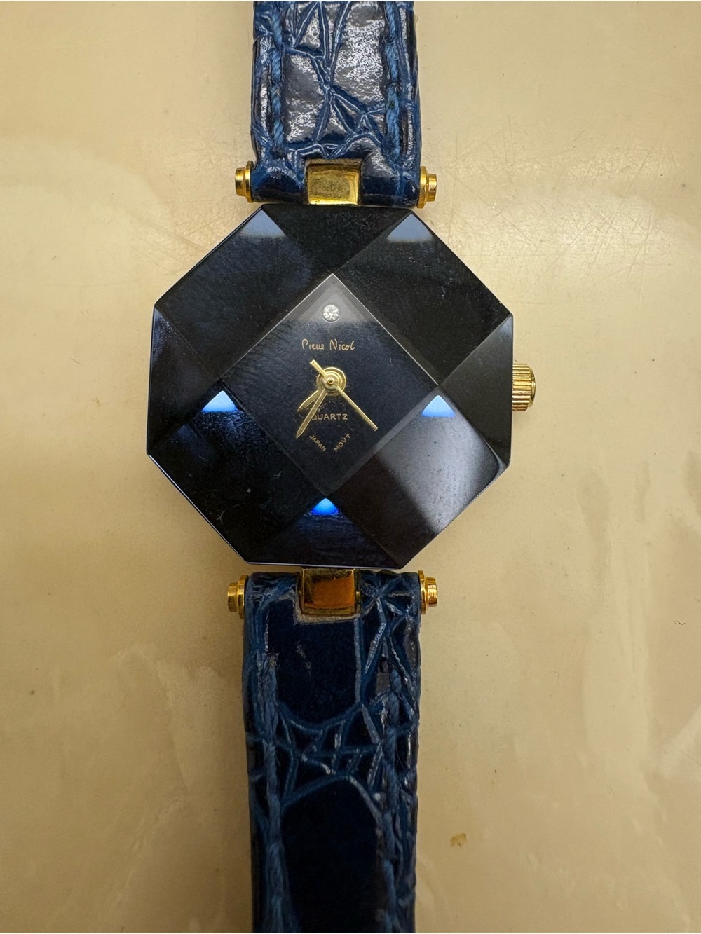 Vintage Pierre Nicol Faceted Black Watch with Blue Leather Strap